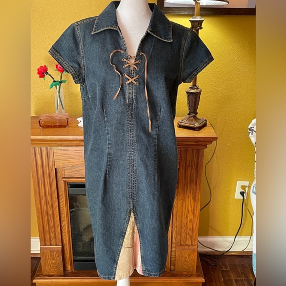 Faded Glory Y2K cap sleeve denim mini dress with leather lace up collared v-neck